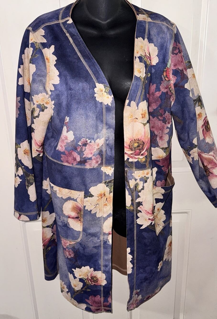 Anthropologie Solitaire Open Long Jacket Floral Faux Suede Patch Pockets L
